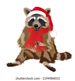 Raccoon in a funny Santa's red cap. Christmas and New Year card. Vector illustration.