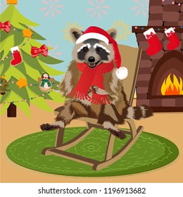 Raccoon in a funny Santa's red cap. Christmas and New Year card. Vector illustration.