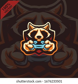 Raccoon Gamer holding Game-pad Joystick. Mascot logo design modern illustration concept style for badge, emblem, tshirt printing. Gamer illustration for esport team. Scalable and editable Vector.