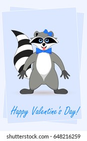 Raccoon a gargle. Greeting card for Valentine's day