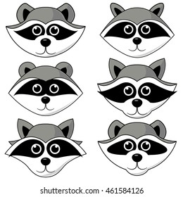 raccoon gargle, head, facial expression and emotion illustration on white background in vector set.