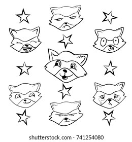 raccoon gargle, head, facial expression and emotion illustration on white background in vector set. eps10