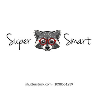 Raccoon geek. Raccoon wearing in smart glasses. Super smart lettering. Vector illustration isolated on white background.