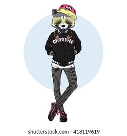 raccoon girl dressed up in urban sporty style, furry art illustration, fashion animals, hipster animals