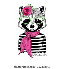 raccoon girl portrait in stripy pullover and pink scarf, hand drawn graphic, fashion animal 