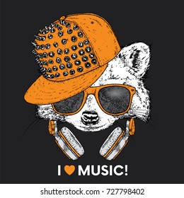 Raccoon in glasses, a cap and headphones. Vector illustration. The animal is a hipster. Music, fashion and style. Print on clothes, postcard and printed products.