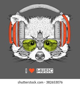 Raccoon in glasses and headphones. Vector illustration.