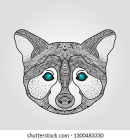 Raccoon. Graphics and design. Coloring page. Tattoos Linear drawing. Lots of details. Mystic Raccoon. Good animals
