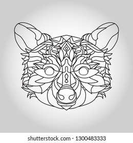 Raccoon. Graphics and design. Coloring page. Tattoos Linear drawing. Lots of details. Mystic Raccoon. Good animals