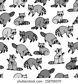 Raccoon grey-scale seamless pattern