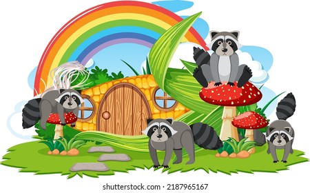 Raccoon Group With Corn House Illustration