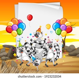 Raccoon group in party theme cartoon character on desert background illustration