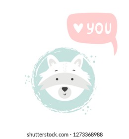 Raccoon hand drawn face. Vector character. Baby print, textile, book, baby shower template card