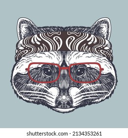 Raccoon hand drawn wearing a red glasses and bandana for your company or brand