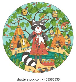 Raccoon hanging children's clothes on the background of traditional Indian buildings, tree with owls. Card round shape.