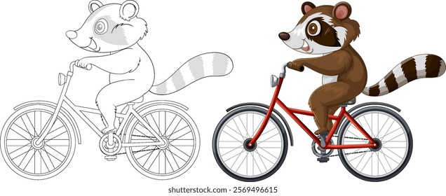 A raccoon happily cycling on a red bike