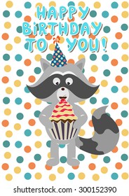 Raccoon Happy Birthday Postcard Animal vector. 