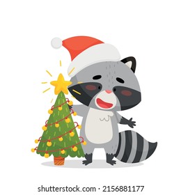 A raccoon in a hat stands behind a Christmas tree. Drawn in cartoon style. Vector illustration for designs, prints and patterns. Isolated on white background