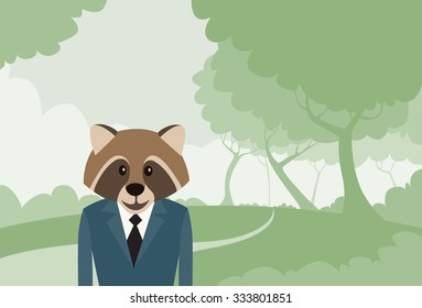 Raccoon Head Cartoon Businessman Suit Profile Icon Portrait Business Man Flat Vector Illustration