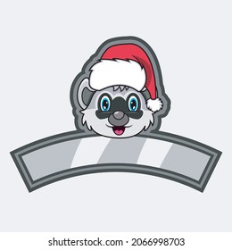 Raccoon Head Character Logo, icon, watermark, badge, emblem and label with Christmas Hat. Vector And Illustration.