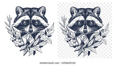 Raccoon head. Hand drawn vector outline. Black ink Sketch illustration. print design