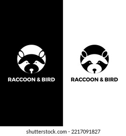 Raccoon head logo with bird design icon vector