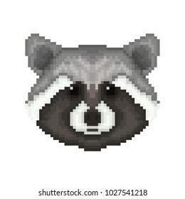 Raccoon head in pixel art style. Vector illustration.