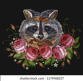 Raccoon head and roses embroidery art. Fashion template for clothes, textiles, t-shirt design. Classical embroidery portrait of funny raccoon and pink flowers roses