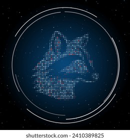 The raccoon head symbol filled with white dots. Pointillism style. Some dots is red. Vector illustration on blue background with stars