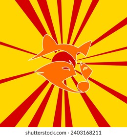 Raccoon head symbol on a background of red flash explosion radial lines. The large orange symbol is located in the center of the sun, symbolizing the sunrise. Vector illustration on yellow background