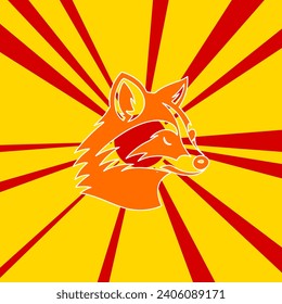 Raccoon head symbol on a background of red flash explosion radial lines. The large orange symbol is located in the center of the sun, symbolizing the sunrise. Vector illustration on yellow background