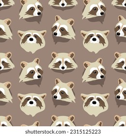 Raccoon heads on a dark gray background. Animal seamless pattern, print. Vector illustration