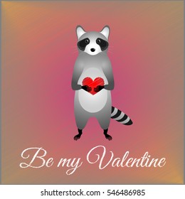 Raccoon and heart. Valentines day greeting card. Peachy.