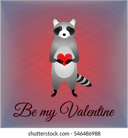 Raccoon and heart. Valentines day greeting card. Hot.