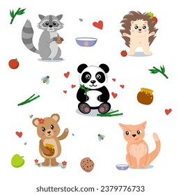 Raccoon, hedgehog, panda, bear, cat, vector illustration in flat style.