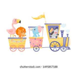 Raccoon, hippo, flamingo and lion ride on a train. Vector illustration on a white background.