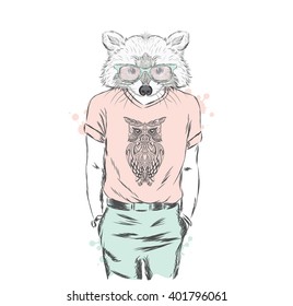 Raccoon - hipster. Vector illustration. Print.