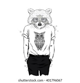 Raccoon - hipster. Vector illustration. Print.