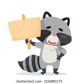 Raccoon holding a blank wooden tablet in his hands. Drawn in cartoon style. Vector illustration for designs, prints and patterns. Isolated on white background