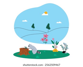 A raccoon was holding a branch, there were several trees, brightly colored flowers, and bushes around the raccoon, a peaceful and pleasant atmosphere in a small forest, ecosystem vector illustration.
