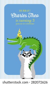 Raccoon holding up a crocodile. Children's birthday invitation card. Vector and illustration design. 