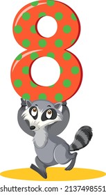 Raccoon holding the number cartoon character isolated on white background illustration