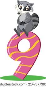 Raccoon holding the number cartoon character isolated on white background illustration
