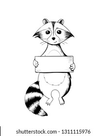 Raccoon holding a sign. Wildlife animal. Illustration with place for text