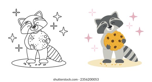 Raccoon sostiene un afiche infantil y página de coloreo de galletas. Dibujo Kawaii de diseño de carácter animal. Ilustración vectorial para sala de guardería, libro de colorear, tarjetas de felicitación, invitaciones