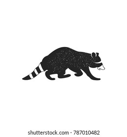Raccoon icon isolated on white background. Wild animal silhouette symbol. Black pictogram for magaines, infographics, logo templates, badges. Stock vector. Monochrome design.