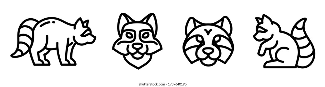 Raccoon icon set. 4 outline icons, vector editable stroke pictogram for web design. Walking raccoon, standing, sitting, simple profile and face of a raccoons, isolated on white background