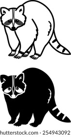 Iconos de mapache. Ilustraciones vectoriales blancas y negras. Mamífero Carnívoro, Mapache Rayado. Para el diseño de libros para colorear. Concepto animal
