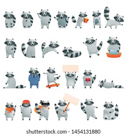 Raccoon icons set. Cartoon set of raccoon vector icons for web design