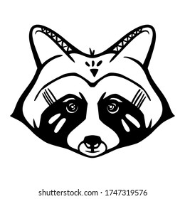 Raccoon illustration isolated on white. Cute vector drawing of raccoon head decorated with tribal elements. Black and white animal logo. Raccoon mascot, sports team logo. 